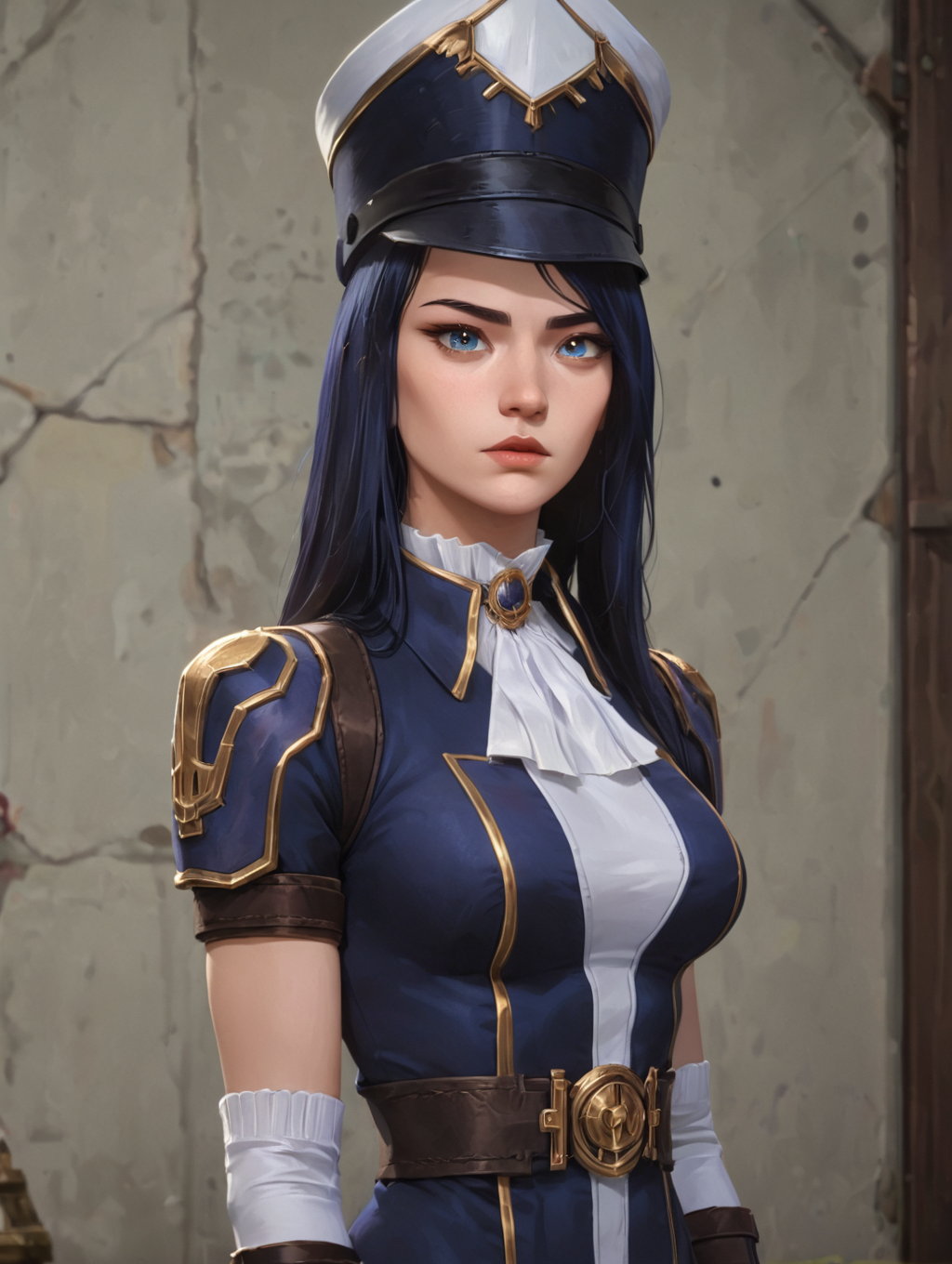 1girl, caitlyn (league of legends), arcane, (official arcane), (league of legends), dark blue hair, vigilant uniform, uniform hat, <lora:CaitlynPonyV1:0.6>
looking at viewer, arms on side, waist up shot,