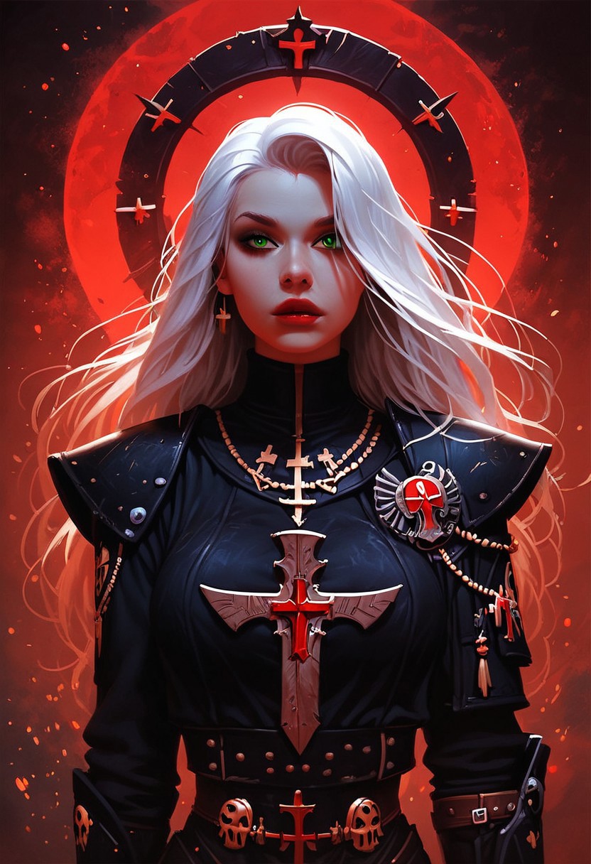 score_9, score_8_up, score_7_up, score_6_up, a sister of battle, battle nun, armored, bolter gun, kneeling with her bolter gun, unity 8k wallpaper, amazing quality, masterpiece, best quality, detailed hair, detailed skin, volumetric lighting, hyper detailed, ultra detailed, UHD, dof, hyper-realism, majestic, extremely detailed, subsurface scattering, awesome, inspiring, warhammer 40k, kneeling by a grave, by night in a mystic floating particles forest, small luminous particles in darkness, white hair, long hair, slim body, toned body, green eyes, halfbody, closeup portrait of adepta sororitas, warhammer 40k, sister of battle nun, stands in the wind of a dusty desert in front of a Large fresh grave. holds an old, impressively large warhammer and bolter pistol, exuding a laid-back yet dangerous vibe. The photo features faded colors, with a limited palette of gray, beige, and washed-out red, capturing her cool, striking appearance. cinematic composition, soft shadows, national geographic style,