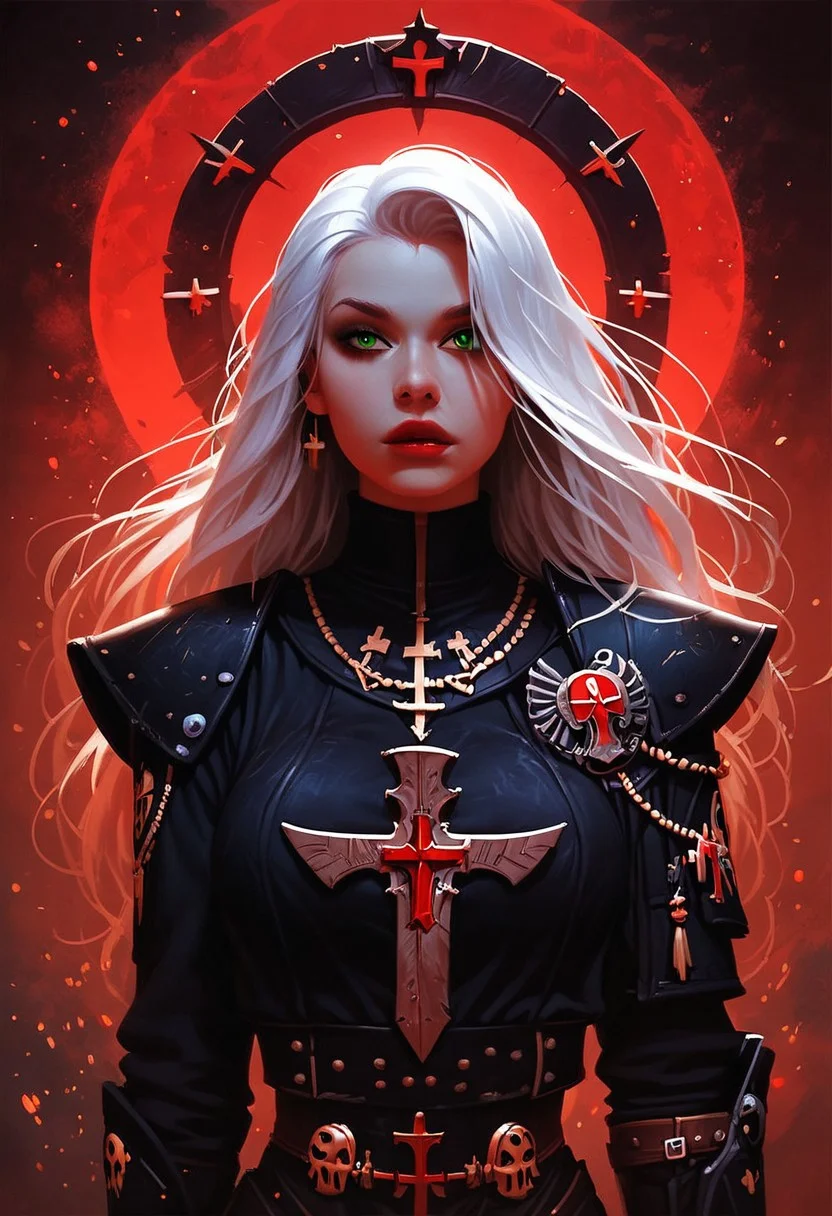score_9, score_8_up, score_7_up, score_6_up, a sister of battle, battle nun, armored, bolter gun, kneeling with her bolter gun, unity 8k wallpaper, amazing quality, masterpiece, best quality, detailed hair, detailed skin, volumetric lighting, hyper detailed, ultra detailed, UHD, dof, hyper-realism, majestic, extremely detailed, subsurface scattering, awesome, inspiring, warhammer 40k, kneeling by a grave, by night in a mystic floating particles forest, small luminous particles in darkness, white hair, long hair, slim body, toned body, green eyes, halfbody, closeup portrait of adepta sororitas, warhammer 40k, sister of battle nun, stands in the wind of a dusty desert in front of a Large fresh grave. holds an old, impressively large warhammer and bolter pistol, exuding a laid-back yet dangerous vibe. The photo features faded colors, with a limited palette of gray, beige, and washed-out red, capturing her cool, striking appearance. cinematic composition, soft shadows, national geographic style,