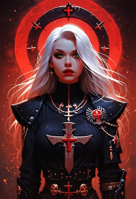 score_9, score_8_up, score_7_up, score_6_up, a sister of battle, battle nun, armored, bolter gun, kneeling with her bolter gun, unity 8k wallpaper, amazing quality, masterpiece, best quality, detailed hair, detailed skin, volumetric lighting, hyper detailed, ultra detailed, UHD, dof, hyper-realism, majestic, extremely detailed, subsurface scattering, awesome, inspiring, warhammer 40k, kneeling by a grave, by night in a mystic floating particles forest, small luminous particles in darkness, white hair, long hair, slim body, toned body, green eyes, halfbody, closeup portrait of adepta sororitas, warhammer 40k, sister of battle nun, stands in the wind of a dusty desert in front of a Large fresh grave. holds an old, impressively large warhammer and bolter pistol, exuding a laid-back yet dangerous vibe. The photo features faded colors, with a limited palette of gray, beige, and washed-out red, capturing her cool, striking appearance. cinematic composition, soft shadows, national geographic style,
