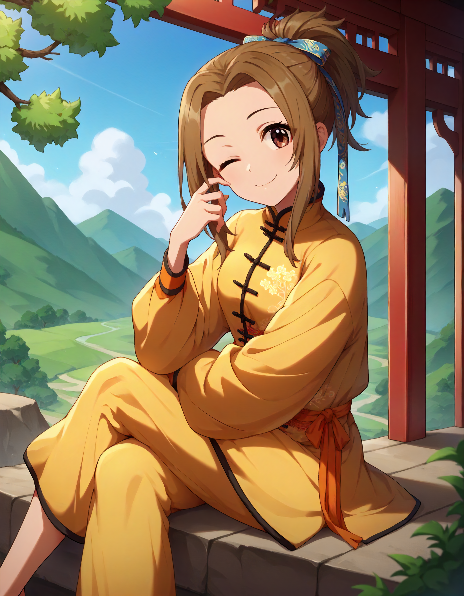 score_9,score_8_up,score_7_up,1girl,solo,sitting,crossed legs,looking at viewer,smile,one eye closed,outdoors,valley,
<lora:manabeitsuki_ponyXLV6:0.7>,cgmi,brown hair,long hair,ponytail,brown eyes,
hair ribbon,yellow chinese clothes,long sleeves,oversized clothing,oversized pants