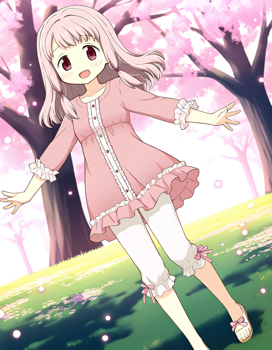 masterpiece, best quality, newest, absurdres, highres, safe, 1girl, tamaki ui \(hospital costume\), magia record: mahou shoujo madoka magica gaiden, white capri pants, pink ribbon, solo, open mouth, grass field, cherry tree, dutch angle, <lora:tamaki_ui_noobaiXLNAIXL_vPred10Version:0.7>