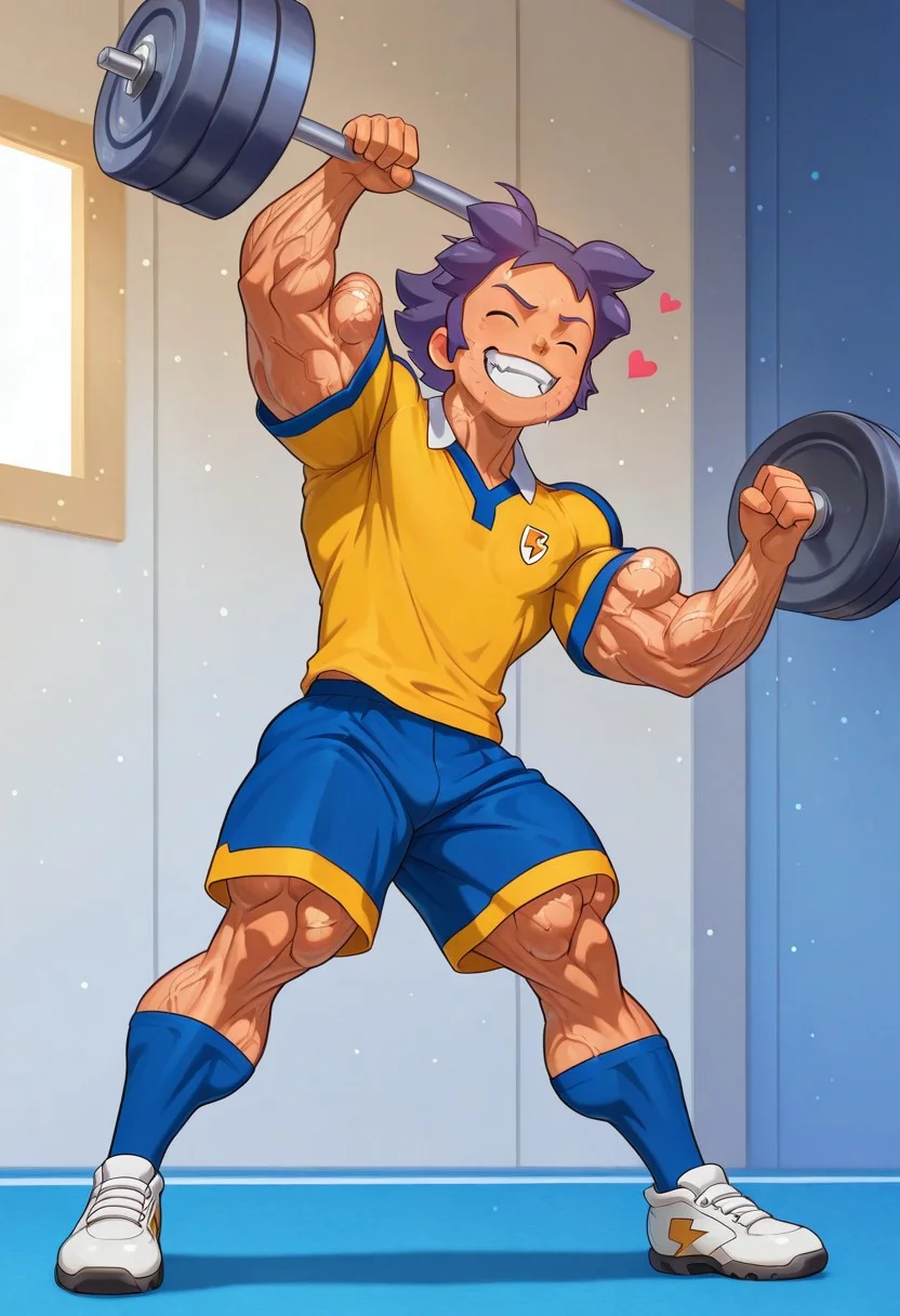 masterpiece, best quality, amazing quality, very aesthetic, absurdres, intricate details, five digits
, solo, 1boy, male focus, muscular male,clenched teeth, thick arms, weightlifting, exercise, veiny body, veiny arms, veiny neck, veiny face,
, <lora:nb-c_v2_IL-000025:1>,1boy, male focus, solo, closed eyes, smile, open mouth,heart emotes,anime, volumetric lighting, day, light particles,flexing,hulking out, muscular,torn clothes, roaring,hyper muscles growth, hyper muscles bigger,KageHikar, 1boy, male focus, solo, brown eyes, purple hair, raimon soccer uniform, shirt, yellow shirt, short sleeves, lightning bolt symbol, shorts, blue shorts, socks, blue socks, shoes, sneakers,
