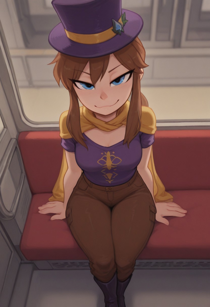 masterpiece, best quality, very aesthetic, absurdres,  <lora:waspsalad_style_illustrious_v1.1f:0.85> wsaladstyle, hatLady, brown hair, ponytail, blue eyes, yellow cape, purple top hat, purple shirt, brown pants, boots, indoors, train car, shadows, next to window, high angle view:0.7, looking at viewer, smug, bedroom eyes, dark:0.4