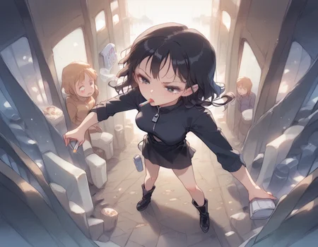 (score_9,score_8_up,score_7_up:1), 1girl, full body, high angle view from behind, horror, darkness, internal glow, radiant skeleton, Sadistic, (goth, (black lipstick, black mascara, black eyeshadow)), (soft body), neonglow color hair, long braided hair, choker, eyeshadow)) (pale soft skin), medium breasts, <lora:breasts++-PD-round-1.0:1> round breasts , (smoking a cigarette ,<lora:sm0k3XLP:.6>), ornate Sex dungeon, (<lora:zavy-cntrst-sdxl:1> chiaroscuro, low-key, horror), ((black sunhat, black stockings, black skirt, black top, zipper boots), <lora:Always_In_Flux_Style:1>, <lora:add-detail-xl:1>