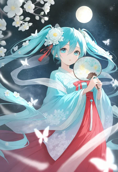 1girl, holding, holding fan, long hair, flower, hatsune miku, solo, hand fan, moon, hair ornament, hair flower, shawl, night, twintails, full moon, butterfly, hagoromo, very long hair, tassel, hanfu, night sky, bug, wide sleeves, chinese clothes, parted lips, aqua hair, sky, looking at viewer, star \(sky\), long sleeves, skirt, white flower, branch, hair between eyes, starry sky, tassel hair ornament, cowboy shot, floral print, red skirt, nail polish,
masterpiece,best quality,newest,absurdres,highres,very awa,<lora:negi1_noob1.1-000186:0.8>,
