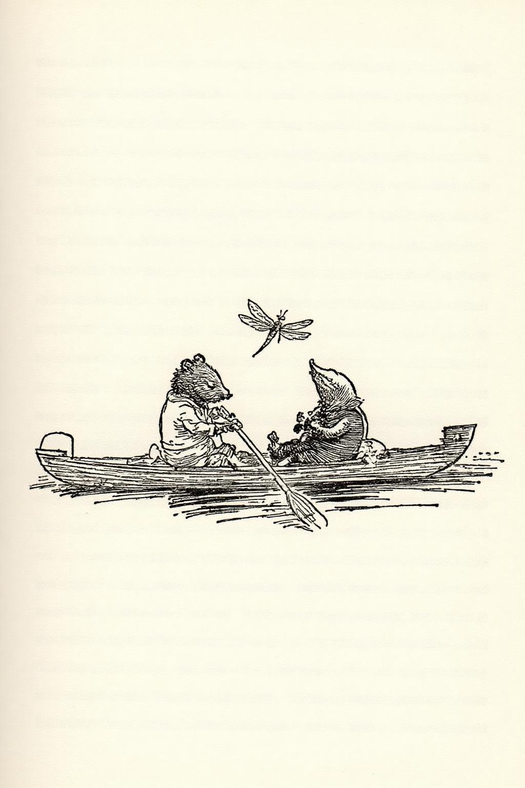 ehshep1 sketch.
The scene depicts two anthropomorphic animals, a rat and a mole, in a small wooden boat on a calm body of water. The rat, on the left, is paddling with a long oar, while the mole sits in the boat, facing the rat. There is a dragonfly above them. <lora:ehshep2_cap_d6a3e12:1.0><lora:825901561101219043:0>