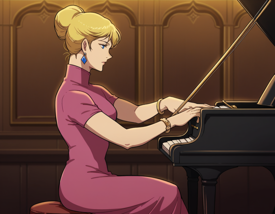 score_9, score_8_up, score_7_up, source_anime,
crowleyhamon, <lora:crowley-hamon-ova-ponyxl-lora-nochekaiser:0.7>,
crowley hamon, medium hair, blonde hair, blue eyes, hair over shoulder,
dress, jewelry, short sleeves, earrings, hair bun, single hair bun, pink dress, turtleneck,
sitting, piano, instrument, playing instrument,
cowboy shot, solo, dutch angle,
