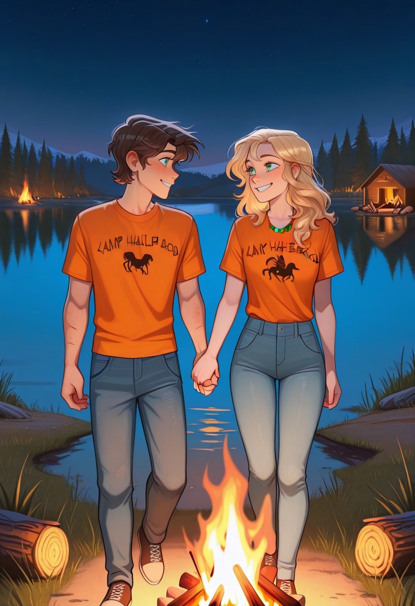 masterpiece, best quality, amazing quality, very aesthetic, absurdres, newest, 1boy, 1girl, couple, Percy_Jackson, Camp Half Blood Shirt, Orange Shirt, Bead Necklace BREAK Annabeth_Chase, holding hands, looking at another, outdoors, night, cabins, woods, campfire, lake, smile, denim jeans, green-eyed boy, grey-eyed girl, 