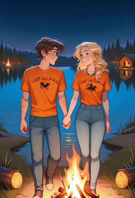 masterpiece, best quality, amazing quality, very aesthetic, absurdres, newest, 1boy, 1girl, couple, Percy_Jackson, Camp Half Blood Shirt, Orange Shirt, Bead Necklace BREAK Annabeth_Chase, holding hands, looking at another, outdoors, night, cabins, woods, campfire, lake, smile, denim jeans, green-eyed boy, grey-eyed girl, 