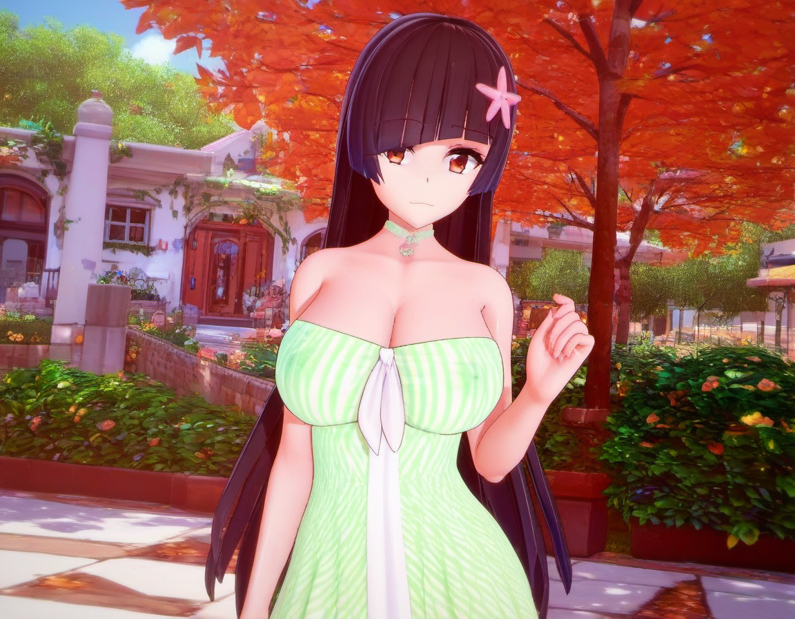 zPDXL, zPDXLxxx, score_9, score_8_up, score_7_up, score_6_up, score_5_up, score_4_up, BREAK  rating_safe, <lora:Touka_from_LiL_PonyXL:0.8>, greendress_touka, 1girl, solo, green and white dress, standing, looking at viewer, large breasts, outdoors