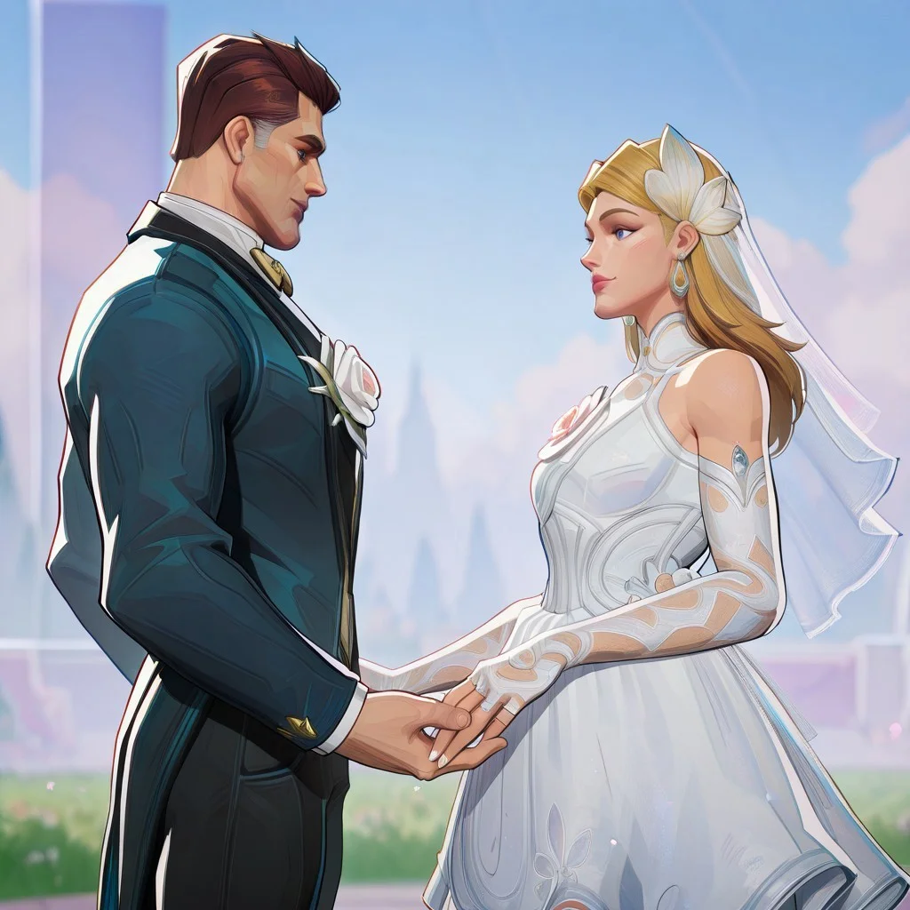 masterpiece, best quality, newest, absurdres, highres, MarvelRivals, semi realistic, cartoon, duo, duo focus, husband and wife, couple, looking at another, 1boy, ReedRichards-Lifefantasticskin-V1.0, suit, formal clothes, bowtie, brown hair, brown eyes, flower, shrt hair, pants, yellow bowtie, 1girl, SueStorm-Lifefantasticskin-V1.0,
wedding dress, wedding veil, veil, white dress, short dress, blonde, bare shoulders, blue eyes, flower, jewelry, long hair, earrings, long hair, high heels,