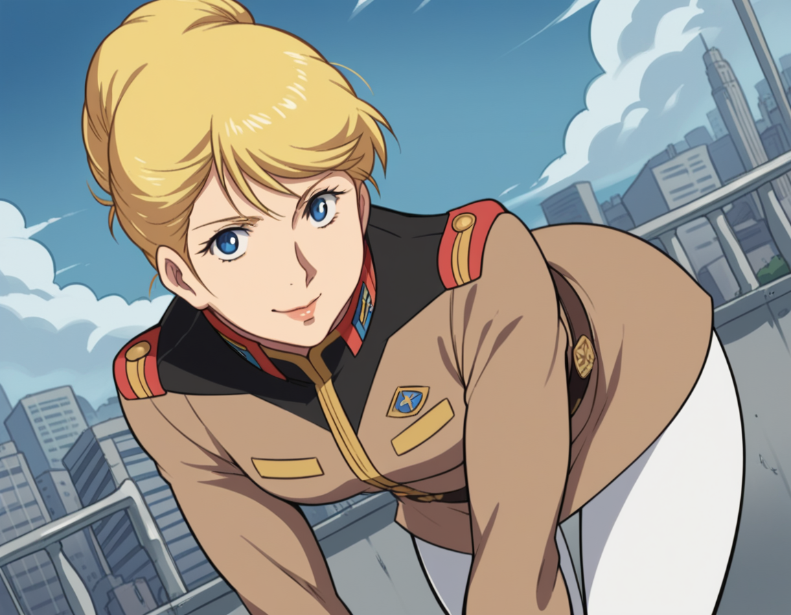 score_9, score_8_up, score_7_up, source_anime,
crowleyhamon, <lora:crowley-hamon-ova-ponyxl-lora-nochekaiser:0.7>,
crowley hamon, medium hair, blonde hair, blue eyes, hair over shoulder,
pantyhose, belt, uniform, military, military uniform, white pantyhose, hair bun, single hair bun,
outdoors, cityscape, bent over, smile,
looking at viewer, cowboy shot, solo, dutch angle,