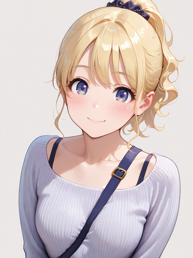 masterpiece,amazing quality,best quality,ultra-detailed,8K,illustration,CG,shiny hair,clear skin,ultra-detailed-eyes,simple background,blush,angle smile,ponytail,blonde hair,blue-purple shiny eyes,tareme,short hair,wavy hair,eyelashes,bangs,kawaii,cute girl,slender body,middle breasts,real skin ,<lora:strap between breasts_illustrious_V1.0:1> strap between breasts, bag,sweater