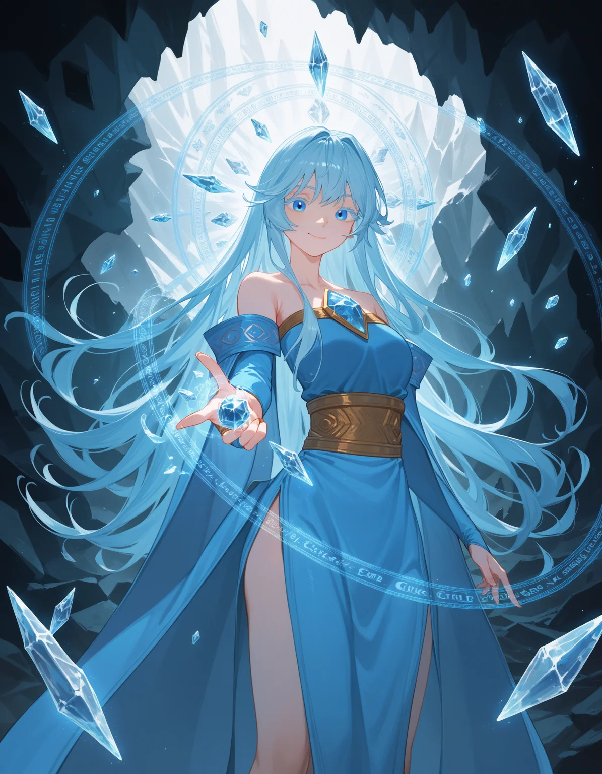 (score_9, score_8_up, score_7_up), anime
BREAK
elfaria_olis, 1girl, solo, light blue hair, long hair, colored eyelashes, blue eyes, chest jewel, off-shoulder dress, yellow sash, side cape, bridal gauntlets, pelvic curtain, cowboy shot, looking at viewer, smile, closed mouth, cryokinesis, casting spell, magic circle, hand up
BREAK
cave, ice, ice crystal, ice shard, ice flower, aura, magic, rock
<lora:elfaria_Wistoria_ponyxl_v1_char:1>