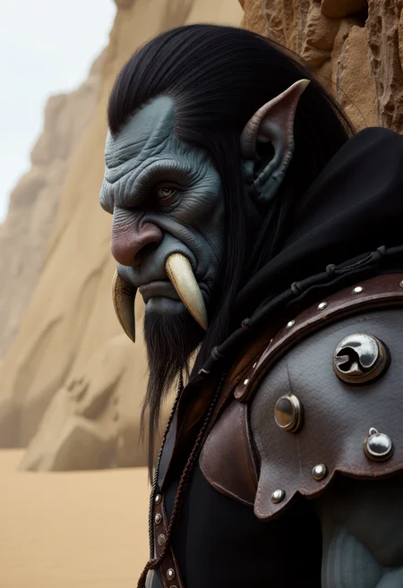 ck-0rcs, this is an image of a orc, dark-skinned orc type creature with a large, flat nose and prominent, 2 large orc tusks, dark shoulder length hair, wear a dark hooded tunic below leather shoulder pads, embellished with worn metal studs and rivets. Standing at partially sideways at the side of the image, in front of rocky area in the middle of the desert, taking cover from a massive sand storm in the distance. <lora:flux/Realism 2>, realism, realistic, <lora:art and styles/MysticFantasy.safetensors:1.0>, <lora:fantasy portrait by cosmic.safetensors:1.0>, <lora:ck-Orcs-000016:0.4>