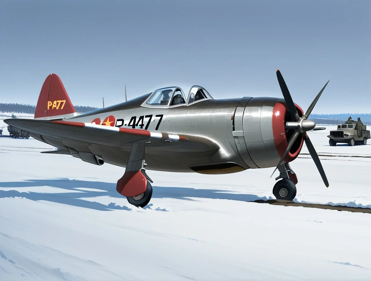 <lora:P-47_Thunderbolt_Illustrious:1.1> (p-47 thunderbolt:1.4),aircraft,pilot , (soviet markings:1.1), red star insignia, captured aircraft, parked on snowy runway, military trucks nearby, cold war atmosphere, historical realism, cinematic style, masterpiece, best quality, amazing quality