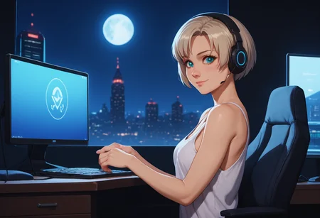 score_9, score_8_up, score_7_up, score_6_up, <lora:bouncy_pony:0.5>, contrast of cool dark background with warm bright foreground, full color, night, moon light, volumetric moonlight, depth of field
cyberpunk Aesthetic, modern bedroom Aesthetic, Blurry Background, neo-Tokyo city view, stary night, full moon, light rays, beautiful natural lighting, glow, light,
<lora:Nene_Romanova_-_Bubblegum_Crisis_Tokyo_2040:1>, Nene, loose tank top, white underware,
{petite body, athletic body, medium breasts, perfect round firm tits, medium round perfect tits, (medium Breasts:0.8), long legs, perfect anatomy, perfect face, perfect nose, detailed eyes, beautiful eyes, perfect eyes, perfect breasts, anatomically correct hands:1.3},
light smile, cute, side view, from side,
lofi girl style, sitting behind a desk, sitting at desk, in front of a computer, headphones, eyes looking at computer screen, lofi girl \(youtube\), zoom out,