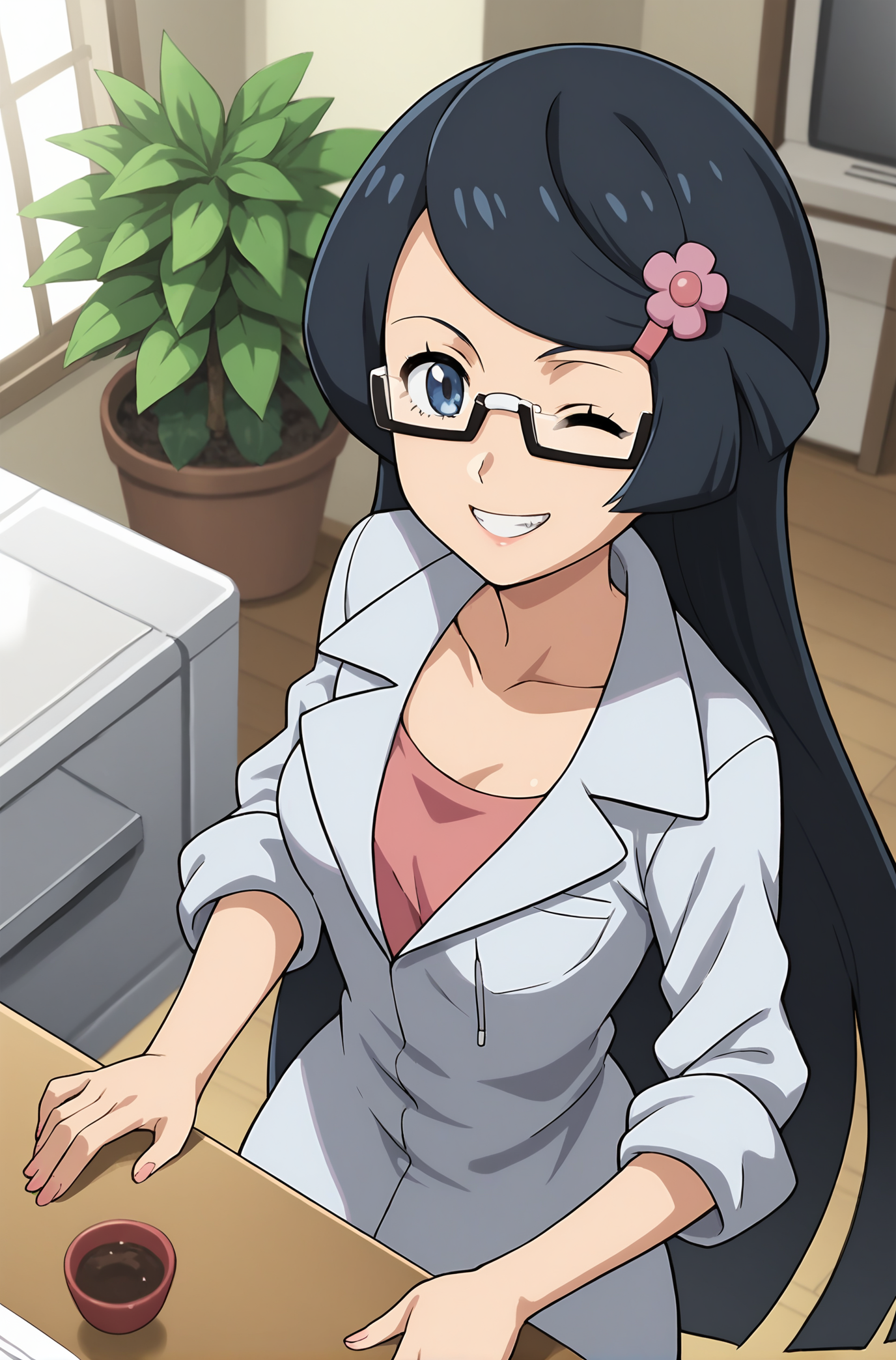 score_9, score_8_up, score_7_up, score_6_up, source anime, anime, animification, anime screencap, anime coloring, vivid colors, shiny skin, skindentation, deep skin, depth of field, high quality, highres, (dynamic angle,dynamic pose),
fennel \(pokemon\), 1girl, long hair, smirk, one eye closed, teeth, clenched teeth, shirt, black hair, hair ornament, collarbone, blue eyes, upper body, flower, :d, glasses, hairclip, indoors, plant, semi-rimless eyewear, labcoat, potted plant, monitor
BREAK
masterpiece,high quality
<lora:Fennel_PokemonPony:0.9>