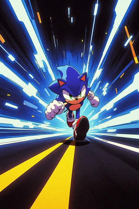 Sonic the hedgehog running on a highway, blue lightinings shooting out from his body, retro futuristic anime-inspired artstyle, futuristic, digital illustration, vivid, high contrast, cyberpunk, comic.
The color palette is dominated by blues, dark blues and dark yellows, giving the image an impactful, epic atmosphere. This illustration, inspired by cyberpunk or sci-fi aesthetics.