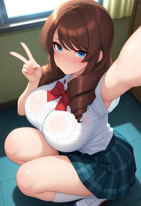 masterpiece, best quality, amazing quality, 1girl, solo, yuukaww, mature female, blue eyes, brown hair, long hair, drill hair, twin drills, large breasts, school uniform, white collared shirt, short sleeves, plaid skirt, pleated skirt, white kneehighs, <lora:Ayase_Yuuka_Otosareta_Bishimai_ill:0.9>, (from above), (selfie, arm up), (squatting), (embarrassed, seductive), closed mouth, blush, looking at viewer, sweat, sweatdrop, sweat on body, nervous sweating, indoors, skindentation, detailed clothing folds, depth of field, sharp, high contrast, dynamic light