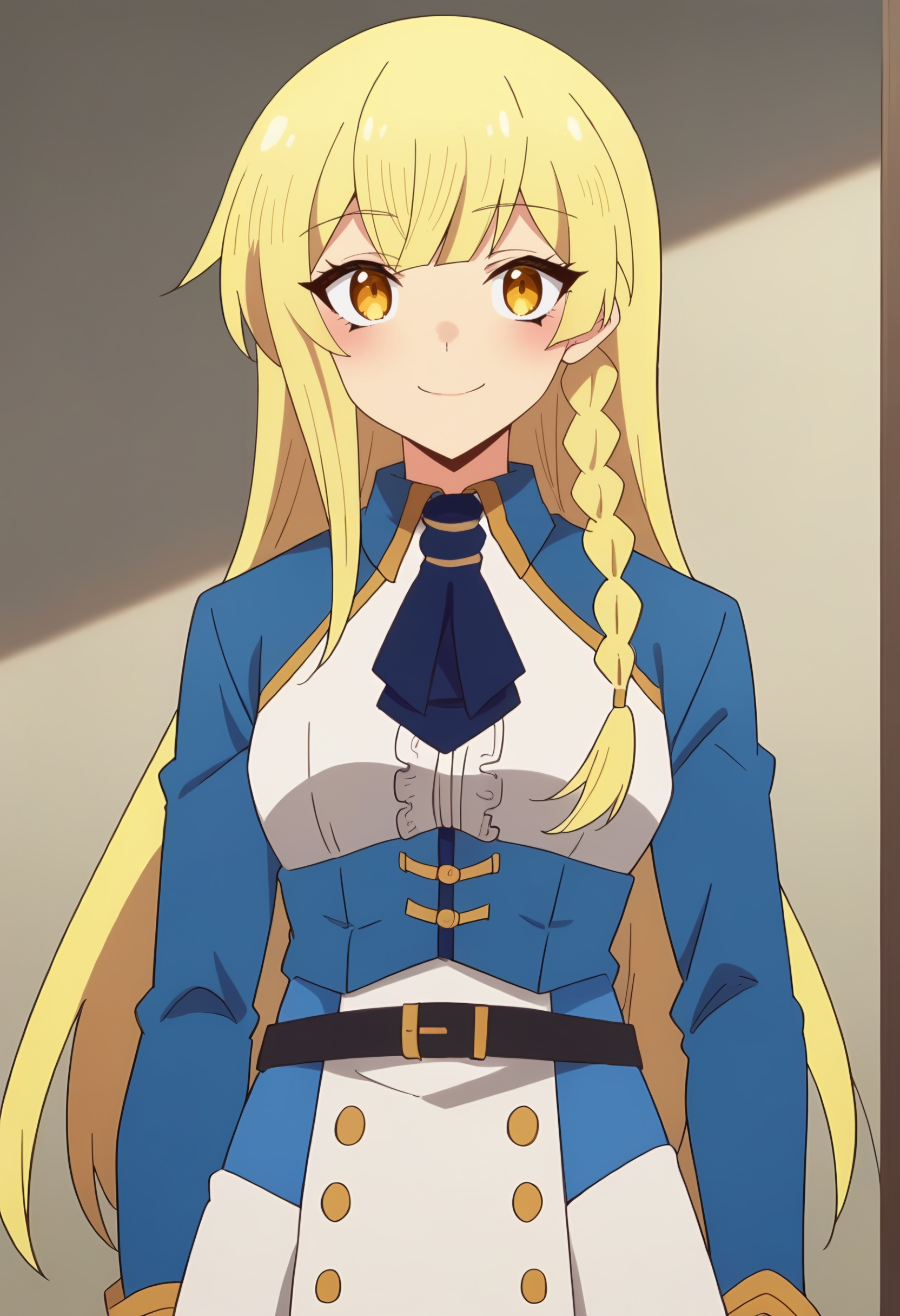 <lora:Balirossa:0.9> balirossa, blonde hair, long hair, 1girl, side braid, solo, yellow eyes,    portrait, looking at viewer, smile, blush,      , jacket,  long sleeves, blue ascot, blue jacket, black belt,shirt, score_9, score_8_up, score_7_up, , anime coloring ,BREAK source_anime, anime