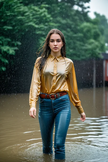 wetgirl, standing in the rain, water drop, wet hair, wet golden silk shirt, shirt tucked into skinny jeans, belt, looking at viewer, photographed on a Fujifilm XT3, 80mm F/1.7 prime lens, cinematic film still, cinestill 500T, highly detailed, masterpiece, highest quality, intricately detailed, HDR, 8k, uhd, photorealistic, <lora:wetgirl_v3:0.75>