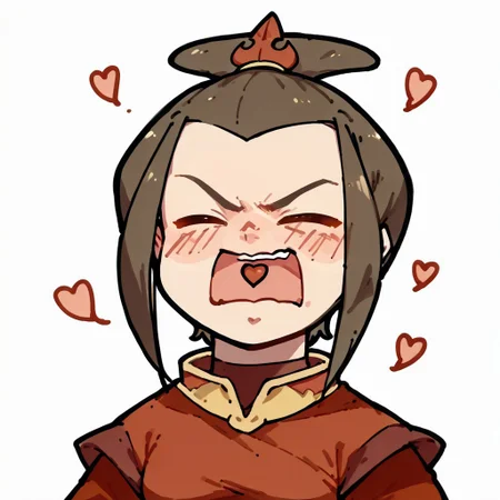 score_9,score_8_up,score_7_up,score_6_up,score_5_up,score_4_up, AyanamiBarrageMeme, chibi, closed eyes, open mouth, > <, heart in mouth, azula, fire nation outfit, rose petals, (face focus), (head focus), white background