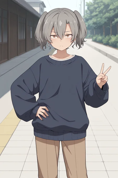 masterpiece, best quality, amazing quality, 1girl, sh10r1s41t0u, grey hair, short hair, twintails, hair between eyes, brown eyes, dark blue sweater, oversized_clothes, brown pants, outdoors, aesthetic, hand on own hip, v, solo