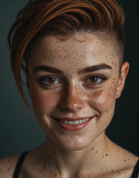 beautiful woman, (freckles), smug grin, brown hazel eyes, undercut hairstyle, bold makeup, soft cinematic lighting, head and shoulders portrait, ultra detailed,
