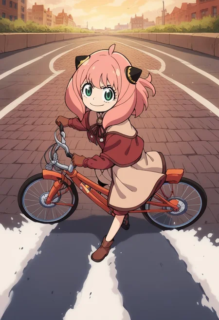 score_9, score_8_up, score_7_up, score_6_up, female hero biker slides her tricycle in an action pose, solo, day,victorian city, brick road, akira slide,short, anya forger, anya (spy x family), bangs, green eyes, pink hair, ahoge, child, female child, hairpods, short pink hair flying,smirk, gloves, long sleeves, ribbon, brown gloves, capelet, robe, bicycle with training wheels, small tricycle,tricycle, lamp posts, riding