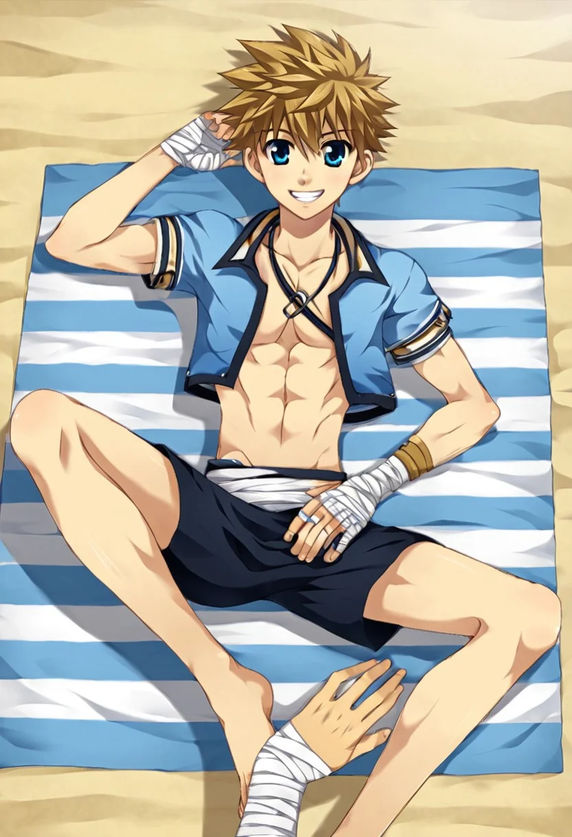 connor bleufin, blond hair, short hair, spiky hair, blue eyes, 1boy, solo focus, solo, alone, lie on Picnic Mat, beach sand, hand spread, leg spread, open clothes, crop shirt, bandage on waist, bandage on hands