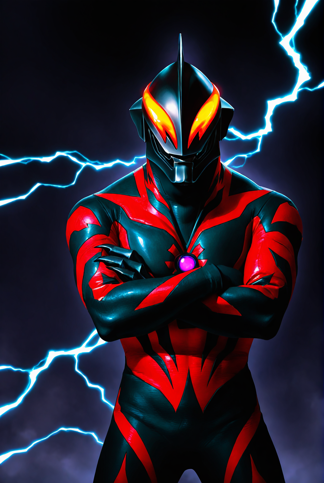 score_9,score_8_up,score_7_up,best quality,ultra-detailed,high resolution,digital painting,8k,1boy,solo,cowboy shot,male focus,detailed face,tokusatsu,bodysuit,glowing eyes,claws,sharp fingernails,black bodysuit,no human,alien,standing,crossed arms,lightning, electricity, dark background,<lora:add-detail-xl:1>,<lora:Ultraman Belial:0.7>,ultraman belial,