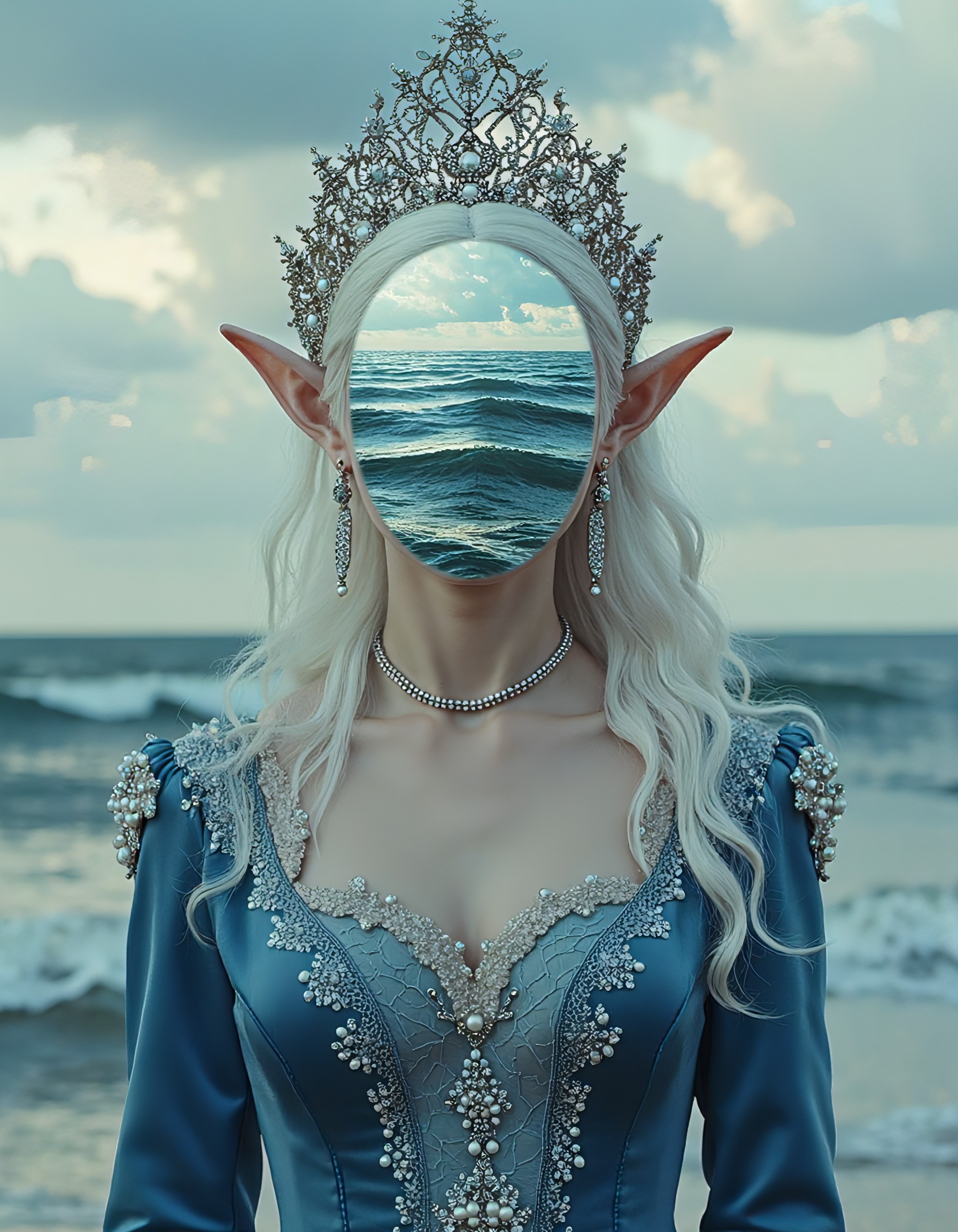 Beneath a dreamy, cloud-streaked sky, a pale elf with cascading white hair stands, her face replaced by a gleaming mirror that reflects undulating metallic waves, blending sea and sky in surreal harmony. She wears an opulent Edwardian-inspired gown in deep, celestial blue, adorned with intricate lace, delicate pearls, and ornate baroque details that shimmer in the soft, reflective light. Her otherworldly headpiece rises like a crown of stars, an intricate lattice of filigree and gemstones that catches the faint glow of the surreal horizon. The background melds the dreamlike textures of misty clouds and the ethereal expanse of an endless ocean, creating a sense of boundless space. Subtle, vintage hues add depth, while the interplay of reflective surfaces and soft light evokes a surreal, celestial beauty, making the scene feel both historical and transcendent, like a vision from an alternate, fantastical era., medium breasts