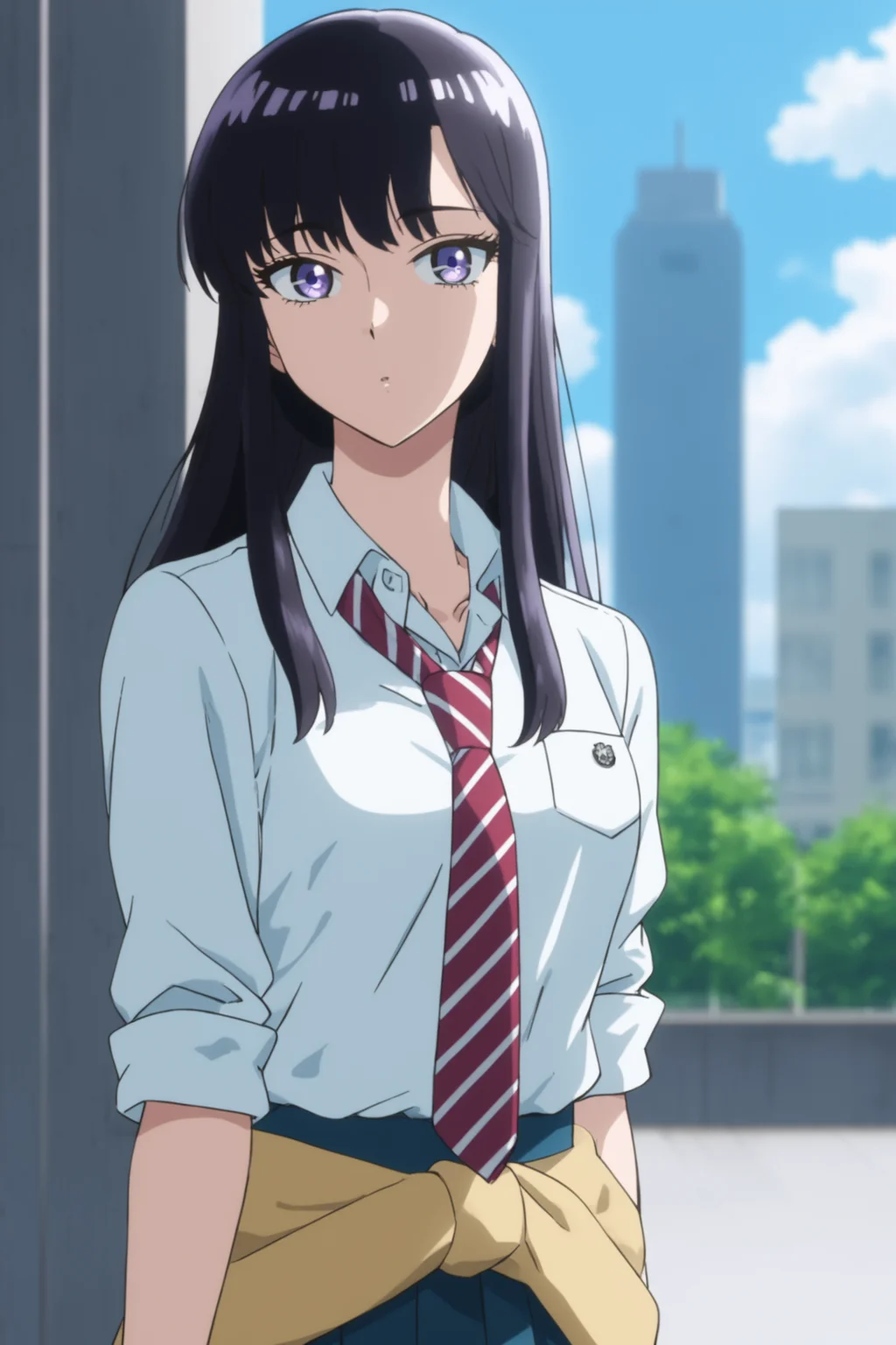 tachibana akira, long hair, black hair, purple eyes, tachibanaschool, school uniform, white shirt, collared shirt, sleeves rolled up, red necktie, striped necktie, clothes around waist, yellow sweater around waist, pleated skirt, blue skirt, black kneehighs, loafers,  <lora:Akira_Tachibana:0.9>, score_9, score_8_up, score_7_up, score_6_up, score_5_up, source_anime, rating_safe, outdoors, sky, blue sky, skyscraper, 1girl, solo, looking at viewer, (dynamic pose:1.2), (upper body:1.2)