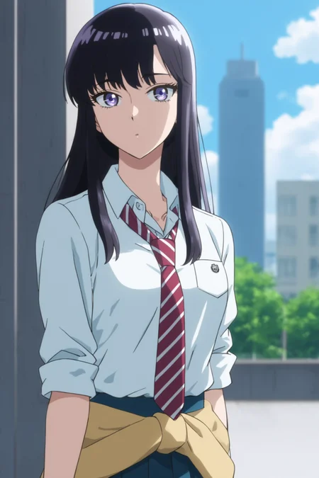 tachibana akira, long hair, black hair, purple eyes, tachibanaschool, school uniform, white shirt, collared shirt, sleeves rolled up, red necktie, striped necktie, clothes around waist, yellow sweater around waist, pleated skirt, blue skirt, black kneehighs, loafers, <lora:Akira_Tachibana:0.9>, score_9, score_8_up, score_7_up, score_6_up, score_5_up, source_anime, rating_safe, outdoors, sky, blue sky, skyscraper, 1girl, solo, looking at viewer, (dynamic pose:1.2), (upper body:1.2)