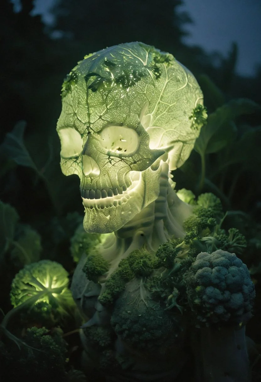 Backlight, Very detailed, a white Green sss thick resin crystalized horror skull monster-Broccoli of Doom, in wild Overgrown garden, atmospheric haze, Film grain, cinematic film still, shallow depth of field, highly detailed, high budget, cinemascope, moody, epic, OverallDetail, 2000s vintage RAW photo, photorealistic, candid camera, color graded cinematic, atmospheric lighting, imperfections, natural, shallow dof