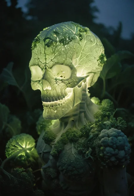 Backlight, Very detailed, a white Green sss thick resin crystalized horror skull monster-Broccoli of Doom, in wild Overgrown garden, atmospheric haze, Film grain, cinematic film still, shallow depth of field, highly detailed, high budget, cinemascope, moody, epic, OverallDetail, 2000s vintage RAW photo, photorealistic, candid camera, color graded cinematic, atmospheric lighting, imperfections, natural, shallow dof