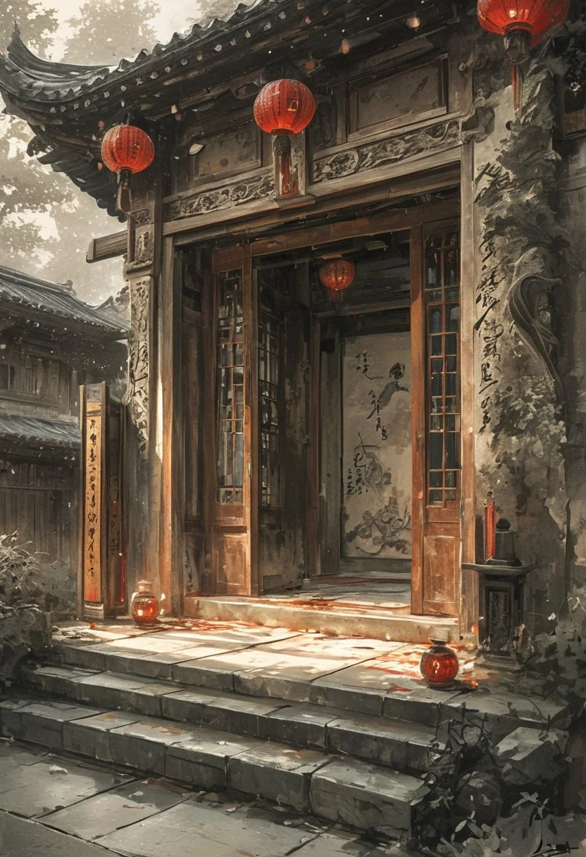 **Japanese ink art, sumi-e, intricate brushwork, traditional wash technique, monochrome with subtle red accents, ancient temple interior, towering wooden pillars, ornate sliding shoji doors, paper lanterns casting soft ambient glow, tatami mat flooring, delicate calligraphy scrolls hanging from beams, intricate carvings of dragons and lotus motifs, aged stone altar adorned with incense and sacred artifacts, flickering candlelight illuminating swirling ink shadows, tranquil yet mysterious atmosphere, mist creeping through open corridors, dynamic composition with flowing ink textures, expressive contrast, minimal yet profound details, timeless elegance, Zen-inspired serenity, masterful balance of light and shadow, ethereal and spiritual ambiance.**