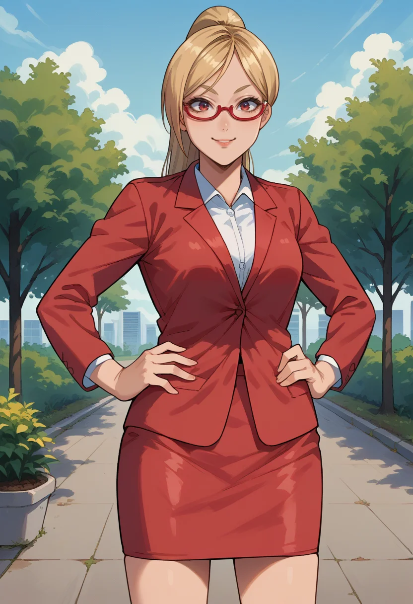 score_9, score_8_up, source_anime, 1girl, solo, KaedeAkiyama, long hair, ponytail, glasses, office lady, red skirt suit, red skirt, outdoors, standing, hands on hips, smile, <lora:ChamKaedeAkiyamaPonyXL:1>