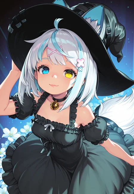 1girl, solo, 18 years old, dohna art,
white hair, multicolored hair, two-tone hair, streaked hair, blue hair, medium hair, ahoge, heterochromia, yellow eyes, blue eyes, x hair ornament, animal ears, fox ears, fox tails, black choker, neck bell, small breasts, short sleeves, frills, detached sleeves, puffy sleeves, black dress, puffy short sleeves, black headwear, witch hat, frilled dress, flowers,
looking at viewer, simple background, colorful background, magical aura, nose, lips, eyelashes, suggestive smile,
masterpiece, 8k, absurdres, best quality, dynamic lighting, still pose, dynamic angle, detailed, depth of field, dynamic lighting, blurry, very aesthetic, emotive, nostalgic, (clear eyes:1.2),( detailed eyes:1.2)