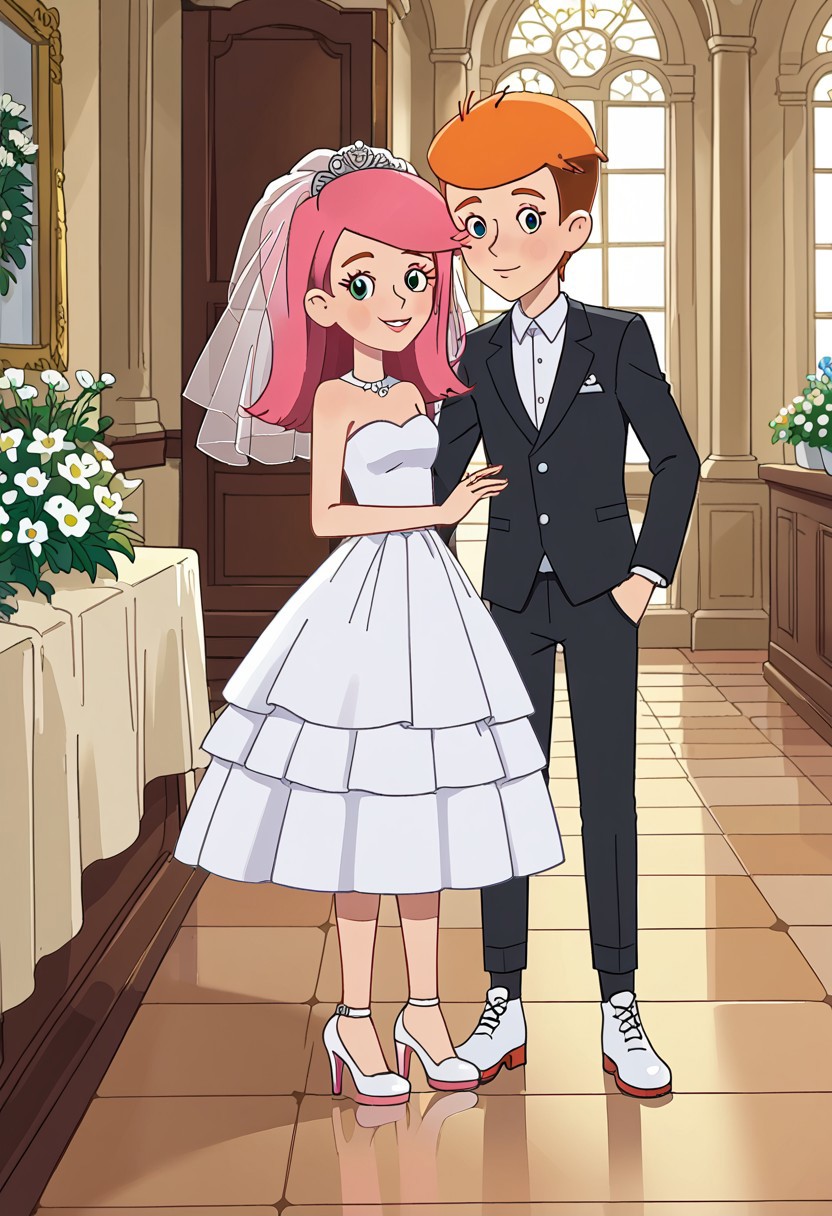 score_6,  interior, tile floor, white wall, two characters, couple boy and girl, 
(bride girl olya, girl with long pink hair and perky tits, white 
heeled footwear, white wedding dress)
(fyodor, boy with short orange hair, black pants white shirt, black footwear, black jacket, )
couple, standing together against viewer, wedding ceremony, flowers, , front view