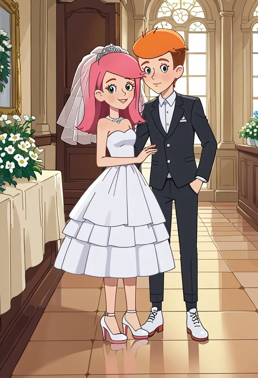 score_6, interior, tile floor, white wall, two characters, couple boy and girl,
(bride girl olya, girl with long pink hair and perky tits, white
heeled footwear, white wedding dress)
(fyodor, boy with short orange hair, black pants white shirt, black footwear, black jacket, )
couple, standing together against viewer, wedding ceremony, flowers, , front view