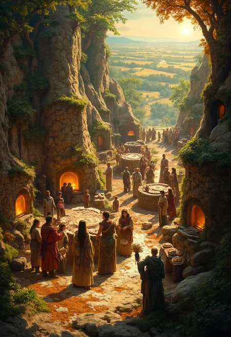 Lughnasadh communal baking, large ovens built from stone and clay, realism with a warm, earthy feel, villagers kneading dough, shaping loaves, and baking them in the communal ovens, the smell of fresh bread filling the air, Lugh overseeing the process, his golden aura adding warmth to the scene, Harvest Fey offering tiny bundles of herbs to flavor the bread, atmosphere of cooperation, sustenance, and the joy of sharing food, the golden fields in the distance glowing under the midday sun., 
in the style of a Lughnasadh-inspired scene with a lush, late summer early autumn landscape, bucolic beauty and mysterious rituals of the pagan sabbat, infused with sensuality and a hint of eerie allure, retro 70s vibe