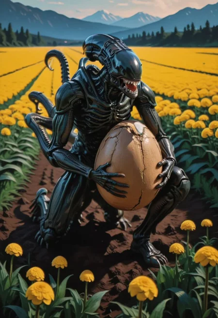 famous art by (arkhip kuindzhi:1.1), fantasy style, a cute xenomorph holding a lovely xenoegg on the flower field, classic art, detailed, bold lines, award winning, intricate details, ((masterpiece, best quality)), looking at viewer, dynamic pose, wide angle view, 8k, intricate details