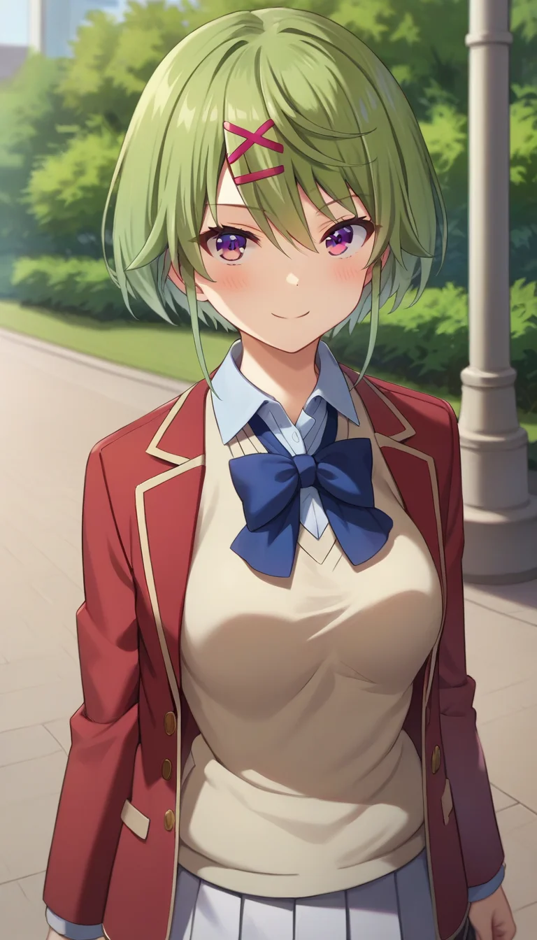 score_9,score_8_up,masterpiece,best quality,correct anatomy,anime_source,1girl,solo,perfect eyes,perfect arms,perfect legs,perfect face,outdoors,upper body,(portrait:1.5),looking at viewer,facing viewer,smile,blush,Manabe Shiho,short hair,green hair,x hair ornament,sidelocks,hair between eyes,bangs,purple eyes,school uniform,red jacket,blazer,sweater vest,beige vest,blue bowtie,white shirt,collared shirt,dress shirt,long sleeves,medium breasts,skindentation,miniskirt,white skirt,pleated skirt,black socks,loafers,brown footwear,<lora:Manabe Shiho(cote)-Pony:1.4>,