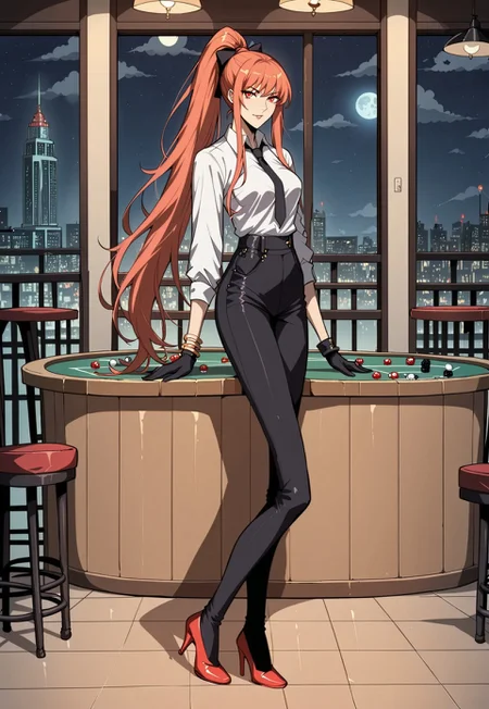 safe_pos, score_9, score_8_up, score_7_up, 1girl, night, indoor, in a casinò, full body, dynamic shot, from high, long legs standing behing a poker table, green table, solo, dynamic pose, Feng Ling, orange hair, red eyes, medium breast, long hair, ponytail, black pants, white shirt, long sleves shirt, black gilet, black neck tie, red heels, gold slim bracelets, black gloves, looking at the viewer, long legs, nice legs, white hips ultra detailed, masterpiece, <lora:add-detail-xl:1>, <lora:StS_PonyXL_Detail_Slider_v1.4_iteration_3:4>