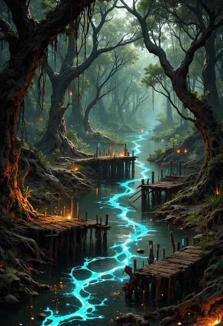 Dark and eerie swamp environment, dense twisted trees with gnarled branches reaching upward, faintly illuminated by a dull, diffuse light. A wooden, decayed platform with rope-bound wooden poles scattered among murky, shallow water. The ground is littered with decaying vegetation and debris. A glowing, ethereal blue map overlay with interconnected pathways, glowing orange and green markers. The atmosphere is moody, grim, and foreboding, with thick fog rolling through the swamp, blending with the muted, dark green and brown color palette. Subtle particle effects of sparks and glowing embers near the ground. Cinematic framing with a focus on the river, while the surrounding environment fades into shadow.