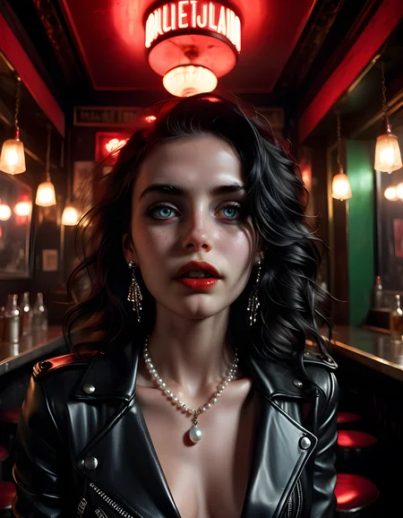 M4R150L, In a gritty, neo-noir setting, a woman with long, wavy jet-black hair cascading down her shoulders and framing her piercing emerald eyes, sits in a dimly lit, smoky speakeasy, her red lipstick-stained lips slightly parted to reveal a row of perfectly aligned pearl white teeth. Her nose is delicately adorned with a single, glittering silver stud. She wears a unique outfit: a tailored black leather jacket draped over a form-fitting red dress that shimmers in the dim light. The camera captures her from a low angle, emphasizing the intensity of her gaze as it locks onto the viewer, creating an air of mystery and allure in this intimate, close-up portrait. The background is blurred with the soft glow of neon signs and the faint, smoky haze that hangs in the air, adding to the enigmatic atmosphere of the scene.