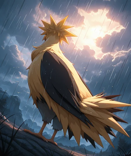 ((vibrant, detailed, detailed background, amazing quality, colorful, masterpiece, 8k, rtx)), beutiful background,
<lora:zapdos-illus-14:1> pzapb, pokemon \(creature\), bird, 1other, cloud, from below, standing, low angle, arms at side, looking up, dynamic angle, after rain, from behind, dot eyes,